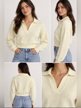 Aritzia Wilfred Clara Merino Wool Cream Polo Sweater L